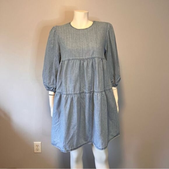 Mango Denim Tiered Smock Cotton Dress with Puff Sleeves in Blue Size 6 - Picture 6 of 11